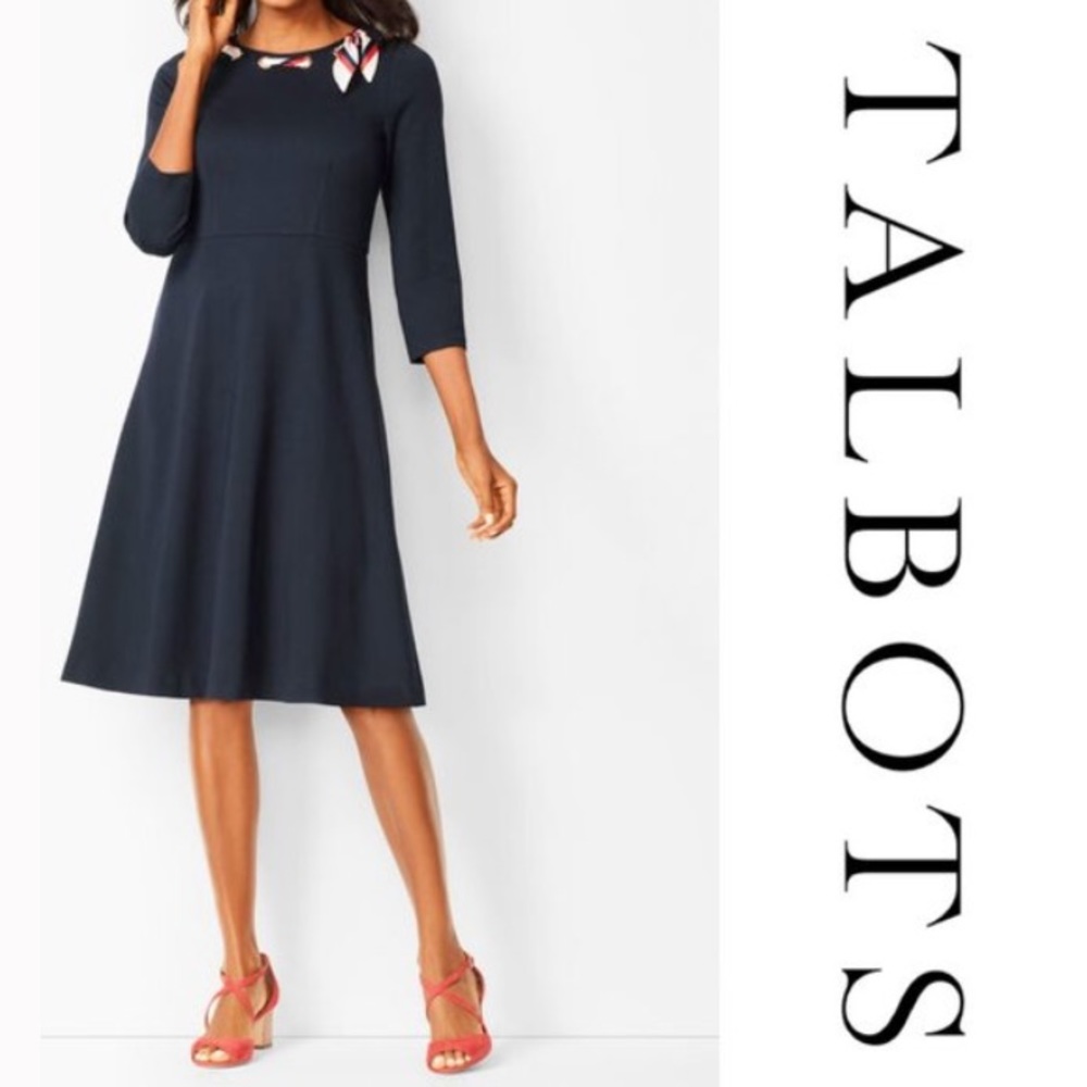 Talbots Navy Ponte Modest Fit and Flare Dress with Red and white scarf-neckline